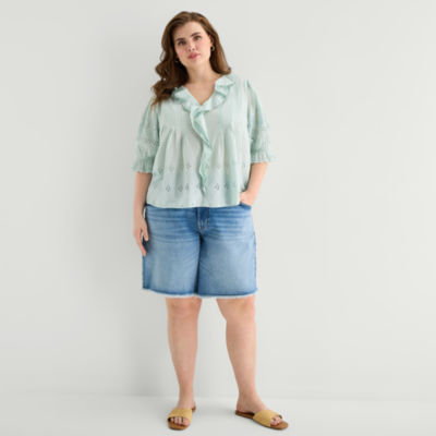 a.n.a Womens Plus V Neck Elbow Sleeve Blouse