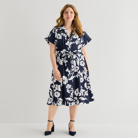 52seven Womens Plus Midi Short Sleeve Fitted Floral Fit + Flare Dress