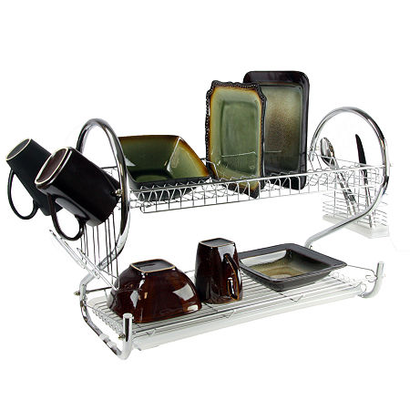 MegaChef 16 Inch Two Shelf Dish Rack With Easily Removable Draining Tray, 6 Cup Hangers And Removable Utensil Holder, One Size, Silver