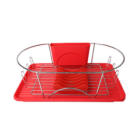 MegaChef 17 Inch Red And Silver Dish Rack With Detachable Utensil Holder And A 6 Attachable Plate Positioner, One Size, Silver