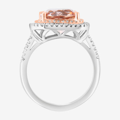 Effy Final Call Womens Genuine Pink Morganite 14K White Gold Cushion Halo Side Stone Cocktail Ring