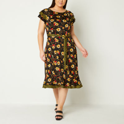 Perceptions Plus Short Sleeve Floral Midi Fit Flare Dress