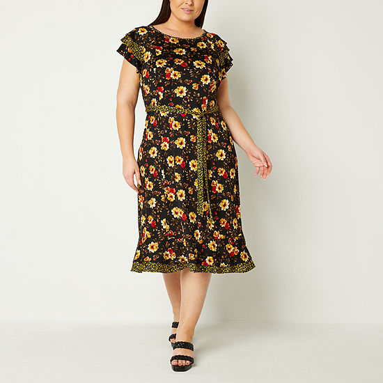 Perceptions Plus Short Sleeve Floral Midi Fit + Flare Dress, Color ...