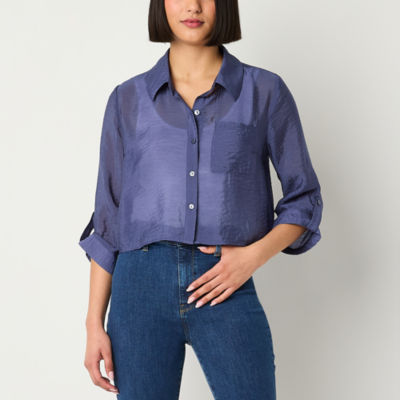 by&by Juniors Womens 3/4 Sleeve Boxy Fit Button-Down Shirt