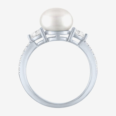 Womens 9-9.5MM White Cultured Freshwater Pearl Sterling Silver Round Side Stone Cocktail Ring