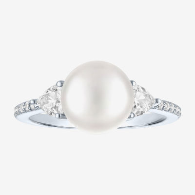 Womens 9-9.5MM White Cultured Freshwater Pearl Sterling Silver Round Side Stone Cocktail Ring