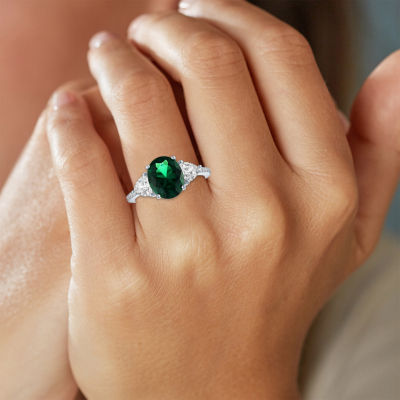 Womens Simulated Green Emerald Sterling Silver Oval Side Stone Cocktail Ring
