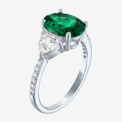 Womens Simulated Green Emerald Sterling Silver Oval Side Stone Cocktail Ring