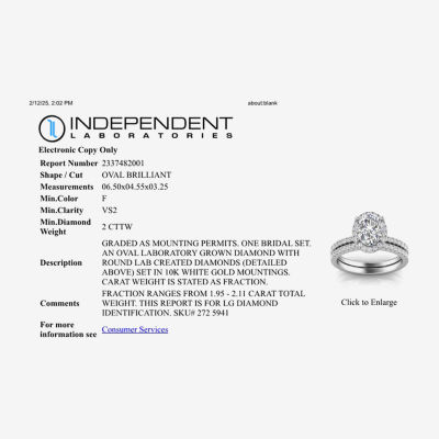 Signature By Modern Bride Womens 2 CT. T.W. Lab Grown White Diamond 10K or 14K Gold Oval Side Stone Bridal Set
