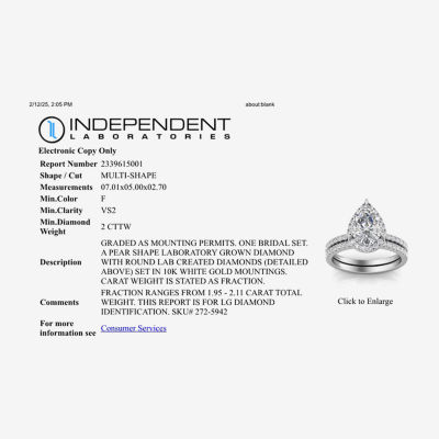 Signature By Modern Bride Womens 2 CT. T.W. Lab Grown White Diamond 10K or 14K Gold Pear Side Stone Bridal Set