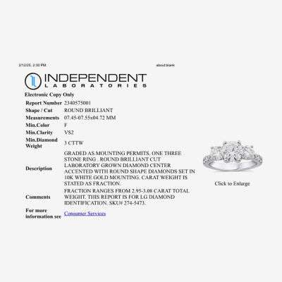 Love Lives Forever (G / Si1-Si2) Womens 3 CT. T.W. Lab Grown White Diamond 10K White Gold Round Side Stone 3-Stone Engagement Ring