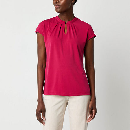 Liz Claiborne Womens Keyhole Neck Short Sleeve Blouse, Large, Red