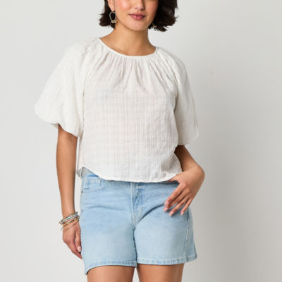 a.n.a Womens Round Neck Elbow Sleeve Blouse