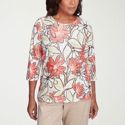 Alfred Dunner Catalina Island Womens Crew Neck 3/4 Sleeve T-Shirt