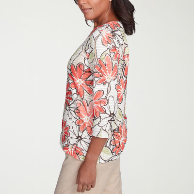 Alfred Dunner Catalina Island Womens Crew Neck 3/4 Sleeve T-Shirt