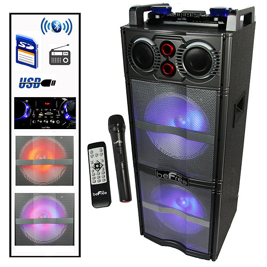 beFree Sound Double 10 Inch Subwoofer Bluetooth Portable Party Speaker with Reactive Lights,  USB/ SD Input, FM Radio, Remote Control and  Microphone