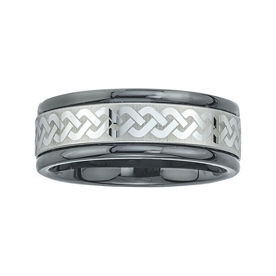 Mens Ceramic and Tungsten Laser Etched Comfort-Fit Band Ring