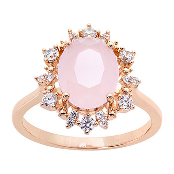 Rose Quartz Ring 14k Pink Gold-plated Silver with Cubic Zirconia Halo Rose Quartz Ring 14k Pink Gold-plated Silver with Cubic Zirconia Halo