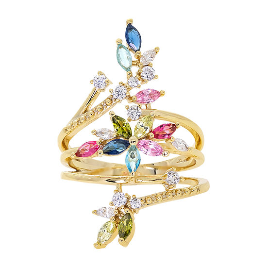 Sparkle Allure Crystal 14K Gold Over Brass Flower Bypass  Cocktail Ring