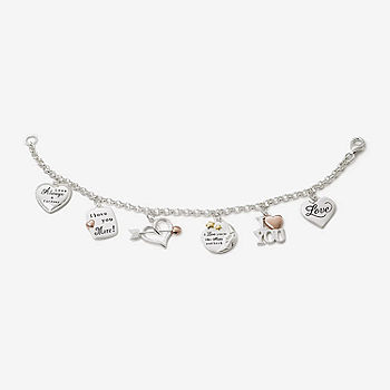 Tri-Tone Sterling Silver Love Heart Charm Bracelet | One Size | Bracelets Charm Bracelets | Inspirational|In A Gift Box | Valentine's Day