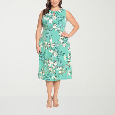 London Times Plus Sleeveless Floral Fit + Flare Dress