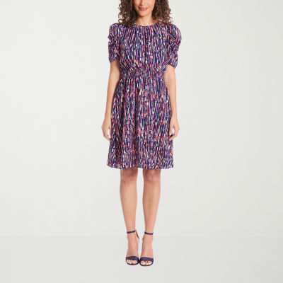 London Times Petite Short Sleeve Dots Fit + Flare Dress