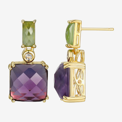 Genuine Purple Amethyst 18K Gold Over Silver Square Drop Earrings