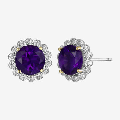 Genuine Purple Amethyst Sterling Silver 10.3mm Flower Stud Earrings