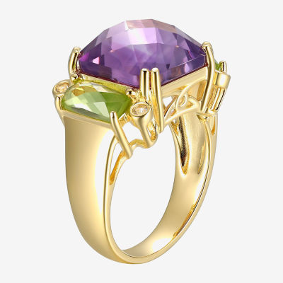 Womens Genuine Purple Amethyst 18K Gold Over Silver Square 3-Stone Cocktail Ring