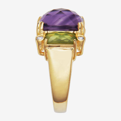 Womens Genuine Purple Amethyst 18K Gold Over Silver Square 3-Stone Cocktail Ring