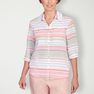 Alfred Dunner English Garden Womens 3/4 Sleeve Regular Fit Button-Down Shirt