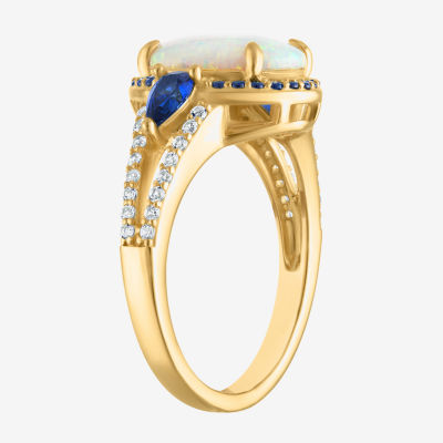 Womens Lab Created White Opal 14K Gold Over Silver Oval Halo Cocktail Ring