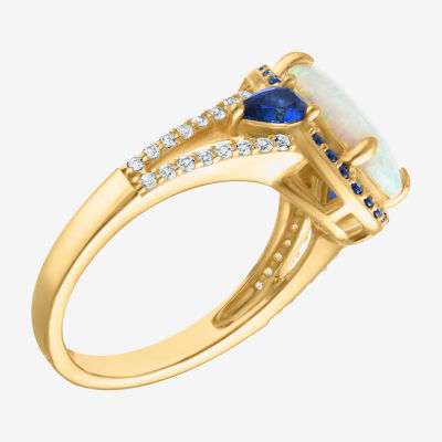 Womens Lab Created White Opal 14K Gold Over Silver Oval Halo Cocktail Ring