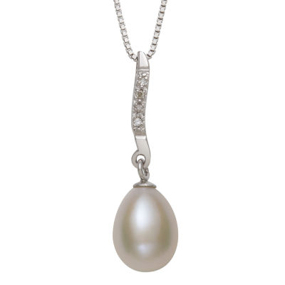 Womens Diamond Accent White Cultured Freshwater Pearl Sterling Silver 18 Inch Pendant Necklace