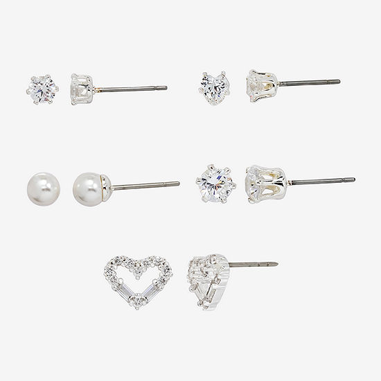 Sparkle Allure 5 Pair Cubic Zirconia Simulated Pearl Heart Earring Set