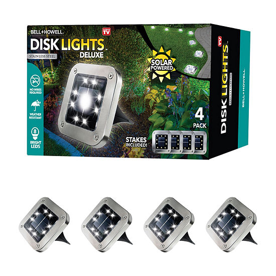 Bell + Howell 8 LED Super Bright Solar Powered Square Disk Light with Auto On/Off Lighting and Waterproof Rust-Free Stainless Tops - 4 Pack