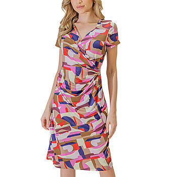 24seven Comfort Apparel Short Sleeve Abstract Wrap Dress, Color: Pink Multi  - JCPenney
