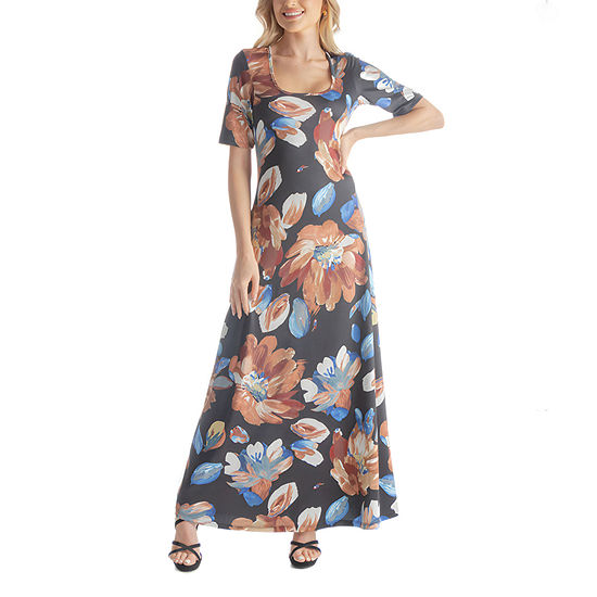 24seven Comfort Apparel 3/4 Sleeve Floral Maxi Dress, Color: Brown ...