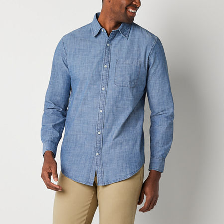 St. John's Bay Chambray Mens Slim Fit Long Sleeve Button-Down Shirt, Small, Blue