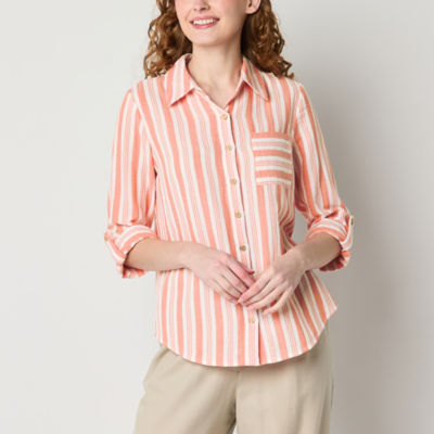 by&by Juniors Womens 3/4 Sleeve Regular Fit Button-Down Shirt