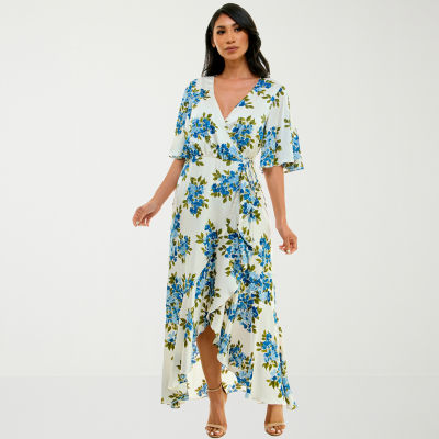 Premier Amour Satin Short Sleeve Floral Maxi Dress, Color: Ivory Multi ...