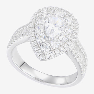 Womens 2 CT. T.W. Natural White Diamond 14K White Gold Pear Side Stone Halo Engagement Ring