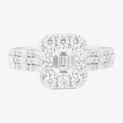 Womens 1 1/2 CT. T.W. Natural White Diamond 14K White Gold Side Stone Halo Engagement Ring