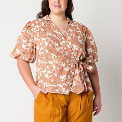 Worthington Womens Short Sleeve Wrap Shirt Plus