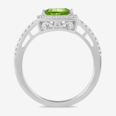 Womens Genuine Green Peridot Sterling Silver Halo Side Stone Cocktail Ring