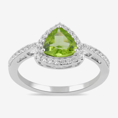 Womens Genuine Green Peridot Sterling Silver Halo Side Stone Cocktail Ring