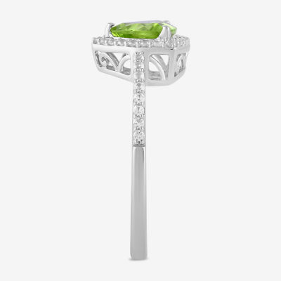 Womens Genuine Green Peridot Sterling Silver Halo Side Stone Cocktail Ring
