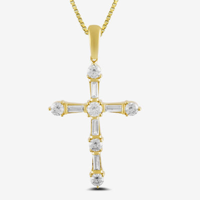 Womens 1 CT. T.W. Lab Grown White Diamond 10K Gold Cross 18 Inch Pendant Necklace