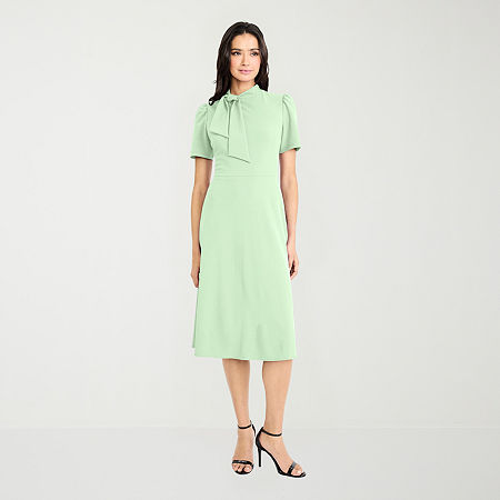 London Style Womens Midi High Neck Short Sleeve Fit + Flare Dress