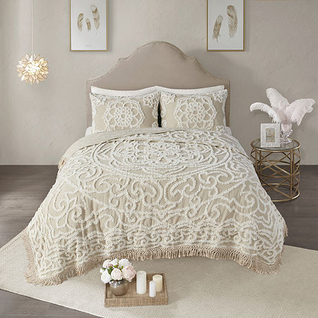 Madison Park Virginia Tufted Cotton Chenille Medallion Fringe Coverlet Set, One Size, Beige